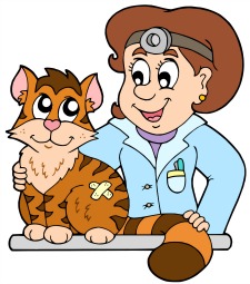 Cartoon cat and veterinarian